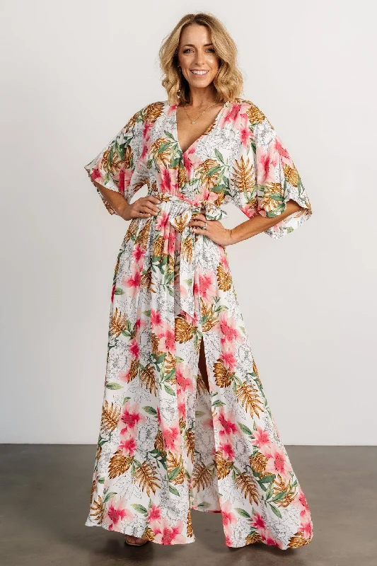 Printed Abstract Women Dress for a Modern and Artistic AppealHarmonia Kimono Maxi Dress | White Multi Print