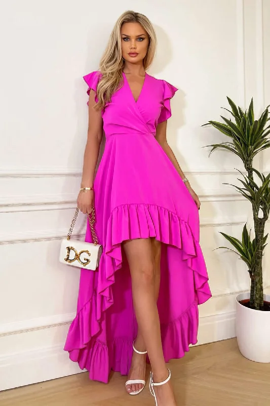 Ball Gown Women Dress with a Full Skirt for a Princess - like LookHot Pink High Low Frill Hem V Neck Midi Dress