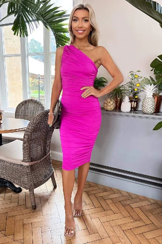 Mini Women Dress with a Short Hem for a Young and Trendy StyleHot Pink One Shoulder Ruched Midi Dress