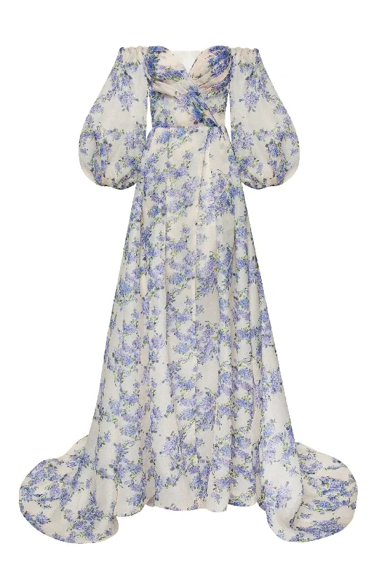 Plus Size Women Dress with a Flattering A - Line Cut for Comfort and StyleHydrangea Elegant floral puff sleeve maxi dress