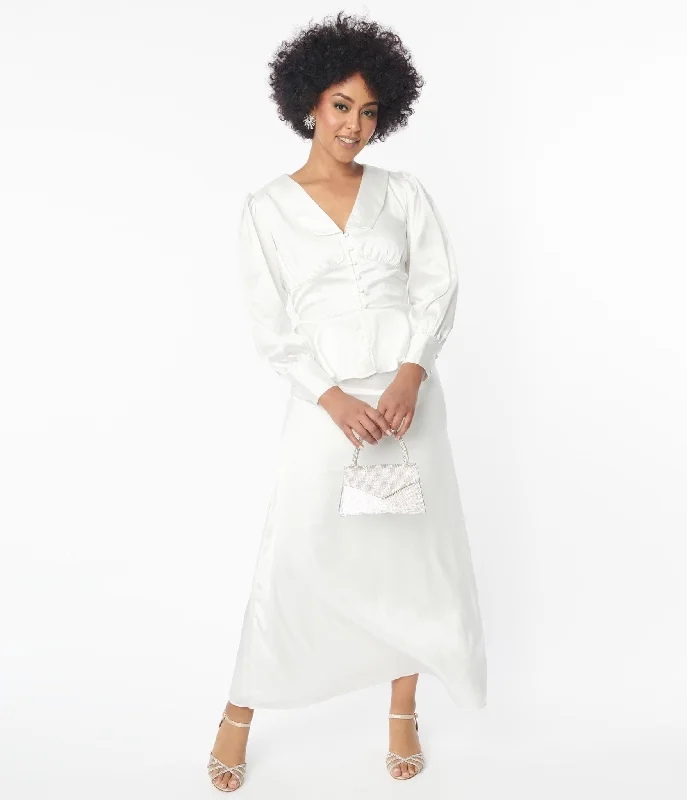 Ruffled Women Dress with Multiple Layers for a Playful and Girly StyleIvory Long Sleeve Blouse & Midi Skirt Bridal Set