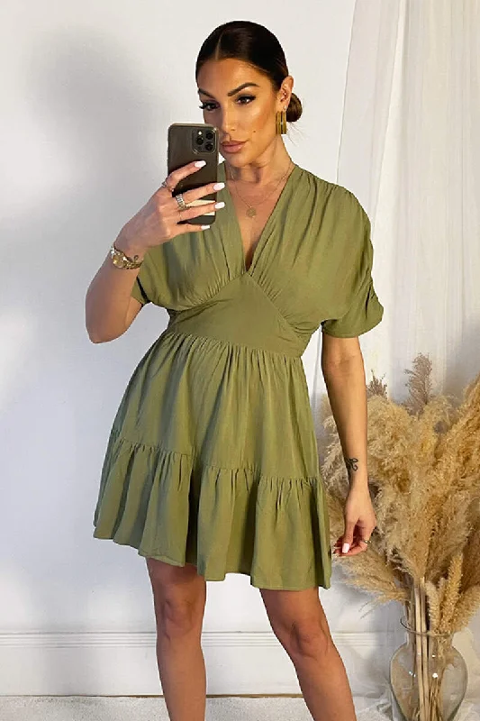 Shift Women Dress with a Simple and Classic Design for Everyday WearKhaki Short Sleeve Tie Back V Neck Mini Dress