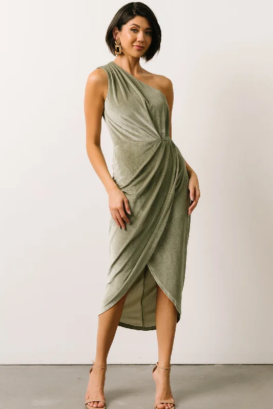 Mermaid - Style Women Dress with a Fitted Silhouette for Special OccasionsKourtney Velvet One Shoulder Midi Dress | Sage