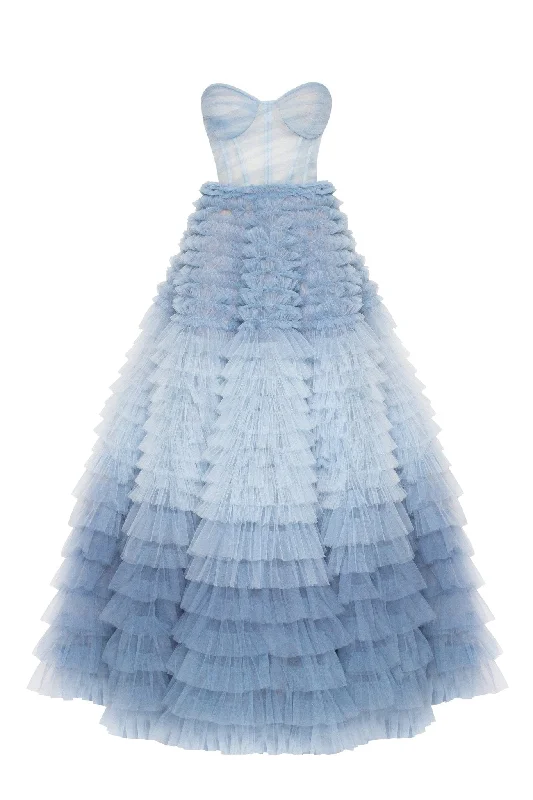 Halter Neck Women Dress to Show Off the Shoulders and NecklineLight Blue Strapless Frill-Layered Fluffy Dress