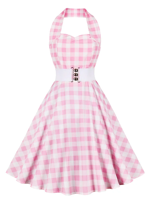 Backless Women Dress for a Sexy and Alluring Look at Evening EventsLight Pink 1950s Halter Plaids Belted Dress