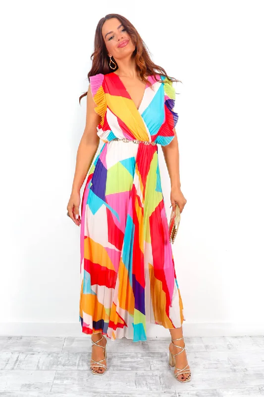 Backless Women Dress for a Sexy and Alluring Look at Evening EventsMamma Mia - Multi Abstract Print Pleated Maxi Dress