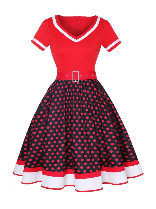 Wrap - Style Women Dress with Adjustable Fit for All Body TypesMulticolor 1950s Polka Dots Patchwork Belted Dress