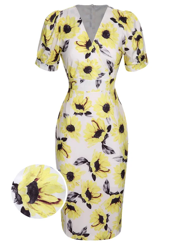 Backless Women Dress for a Sexy and Alluring Look at Evening EventsMulticolor 1960s Floral Sunflower V-Ausschnitt Dress