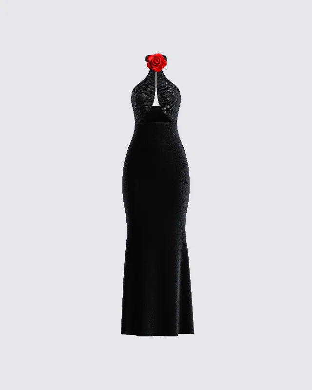 Little Black Women Dress with Sequins for a Glamorous Night OutNala Black Rhinestone Velvet Gown