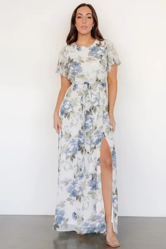 Printed Abstract Women Dress for a Modern and Artistic AppealNaomi Short Sleeve Maxi Dress | Dusty Blue Floral