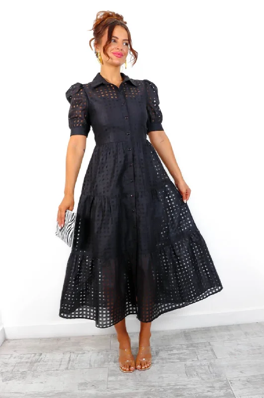 Long - Sleeve Women Dress in Velvet for a Luxurious Winter LookOn The Grid - Black Grid Midi Shirt Dress