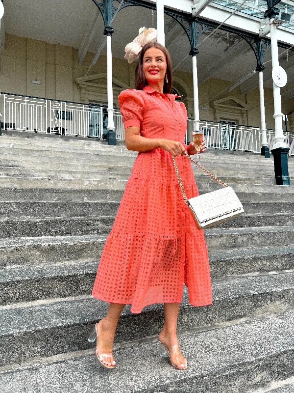 Sheath Women Dress with a Tailored Fit for a Professional LookOn The Grid - Coral Grid Midi Shirt Dress