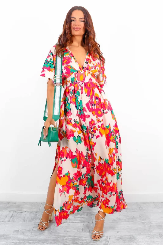 Pleated Women Dress with a Timeless and Elegant TextureOnce In A Lifetime - White Red Multi Print Maxi Dress