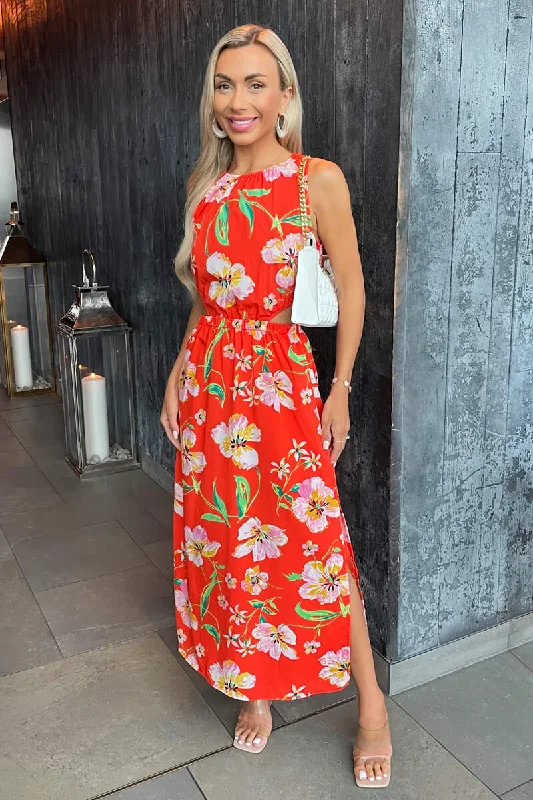 Strapless Women Dress with a Built - in Bra for Comfort and SupportOrange Floral Cut Out Waist Midi Dress