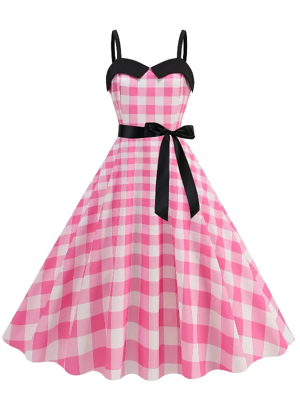 Ball Gown Women Dress with a Full Skirt for a Princess - like LookPink 1950s Plaid Patchwork Spaghetti Straps Dress