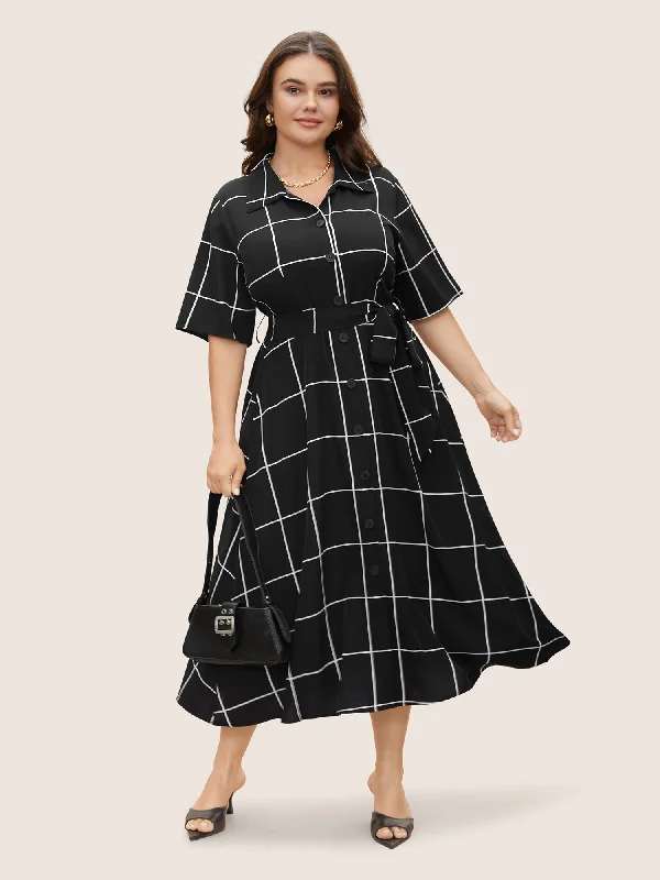 Empire Waist Women Dress to Accentuate the Bust and Conceal the WaistPlaid Shirt Collar Button Detail Belted Dress