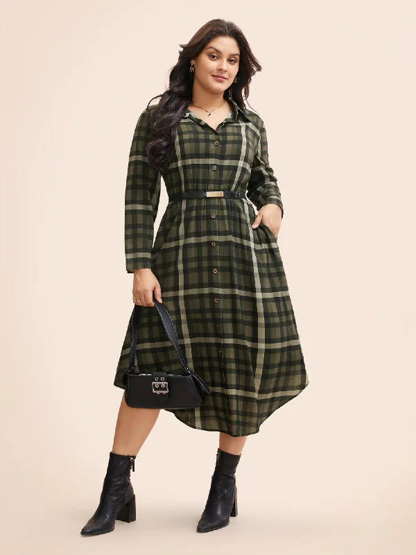 Lace - Embellished Women Dress for an Elegant and Sophisticated AppearancePlaid Shirt Collar Curved Hem Dress