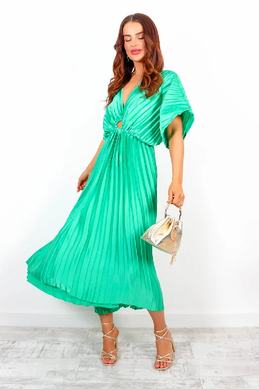 Plus Size Women Dress with a Flattering A - Line Cut for Comfort and StylePleat Me Better - Green Pleated Dip Hem Dress