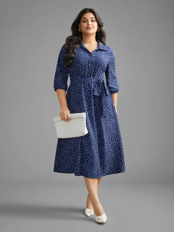 Strapless Women Dress with a Built - in Bra for Comfort and SupportPolka Dot Shirt Collar Belted Dress