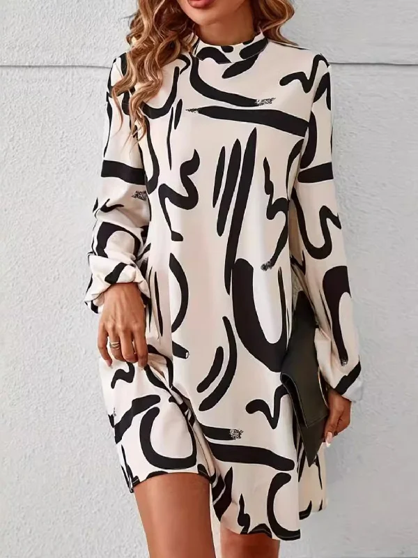 Long - Sleeve Women Dress in Velvet for a Luxurious Winter LookPrinted Mock Neck Long Sleeve Mini Dress