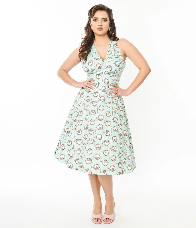 Ruffled Women Dress with Multiple Layers for a Playful and Girly StylePusheen x Unique Vintage Teal Pusheen Floral Frame Print Halter Swing Dress