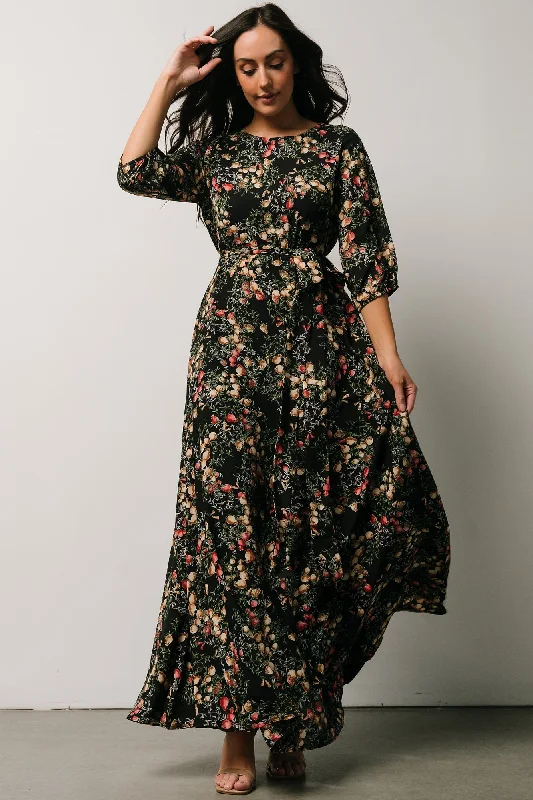 Wrap - Style Women Dress with Adjustable Fit for All Body TypesRebecca Maxi Dress | Black Pomegranate Print