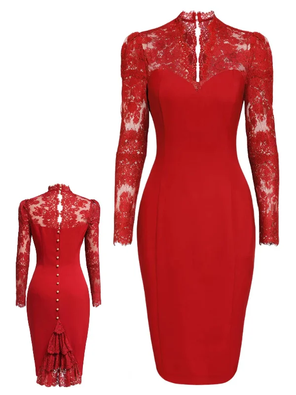 Long - Sleeve Women Dress in Velvet for a Luxurious Winter LookRed 1960s Lace Long Sleeves Patchwork Dress