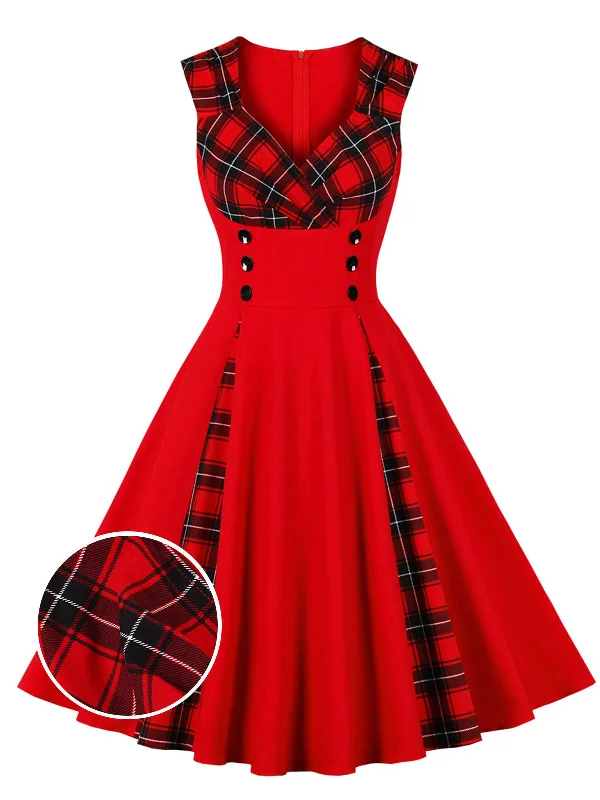 Sleeveless Women Dress in Bright Colors for Summer PartiesRed & Black 1950s Plaid V-Neck Dress