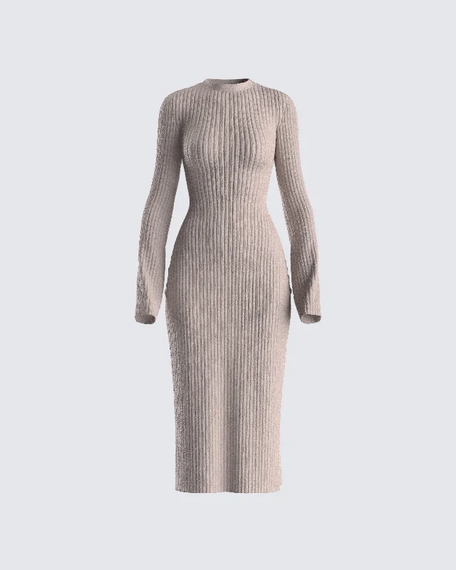 Wrap - Style Women Dress with Adjustable Fit for All Body TypesRejina Taupe Wide Rib Midi Dress