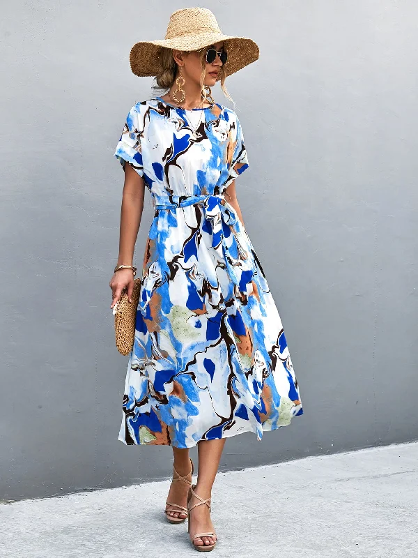 Empire Waist Women Dress to Accentuate the Bust and Conceal the WaistRound Neck Short Sleeve Tie Waist Midi Dress