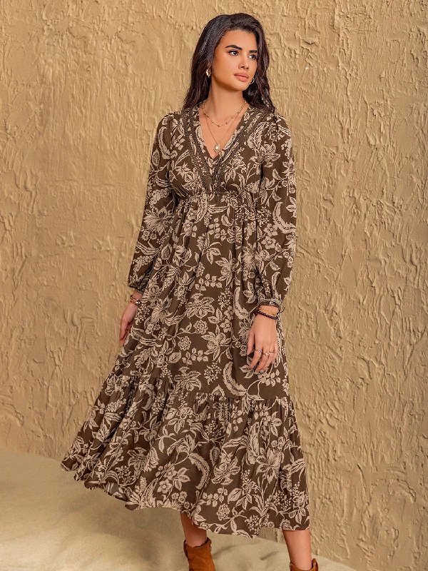 Mini Women Dress with a Short Hem for a Young and Trendy StyleRuched Printed V-Neck Long Sleeve Midi Dress