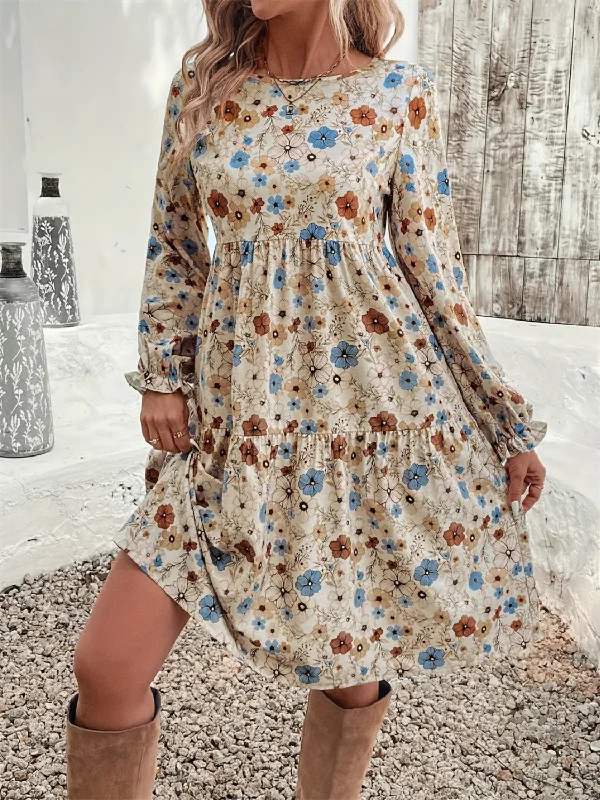 Printed Abstract Women Dress for a Modern and Artistic AppealRuffled Printed Round Neck Long Sleeve Dress