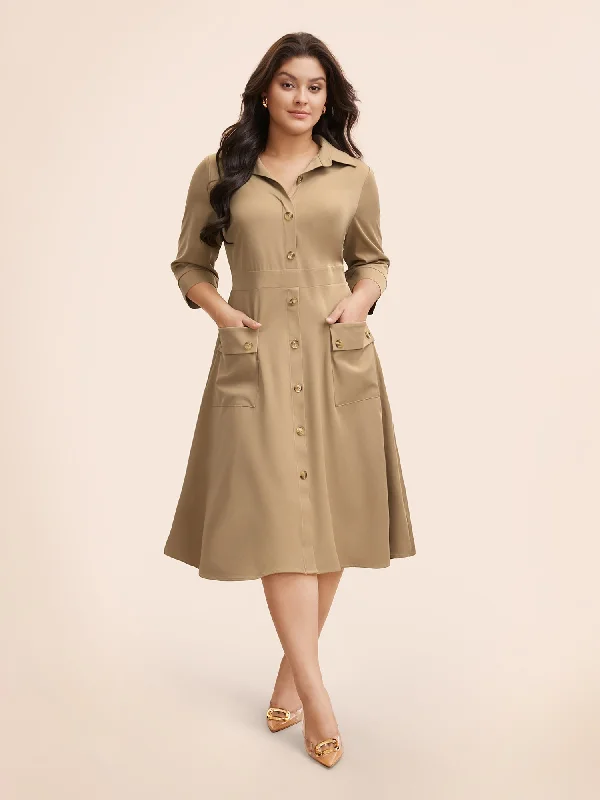 Empire Waist Women Dress to Accentuate the Bust and Conceal the WaistShirt Collar Elastic Waist Patch Pocket Dress