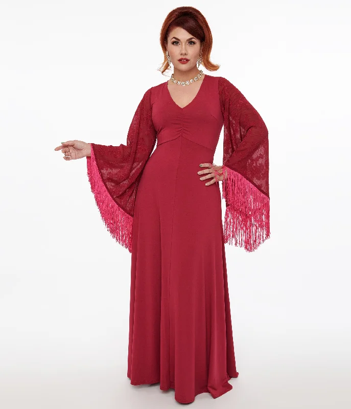 Pleated Women Dress with a Timeless and Elegant TextureSmak Parlour 1970s Berry Floral Fringe Sleeve Maxi Dress