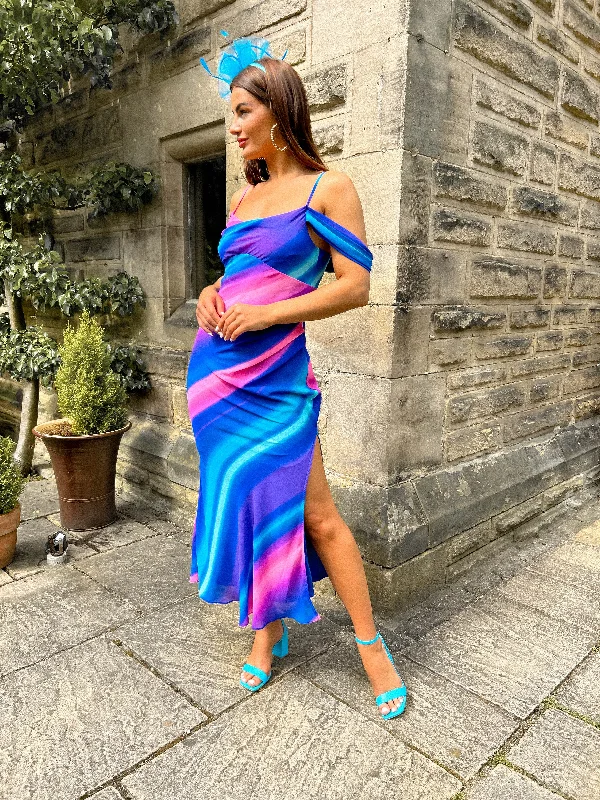 Mermaid - Style Women Dress with a Fitted Silhouette for Special OccasionsSunset Star - Blue Pink Bardot Midi Dress