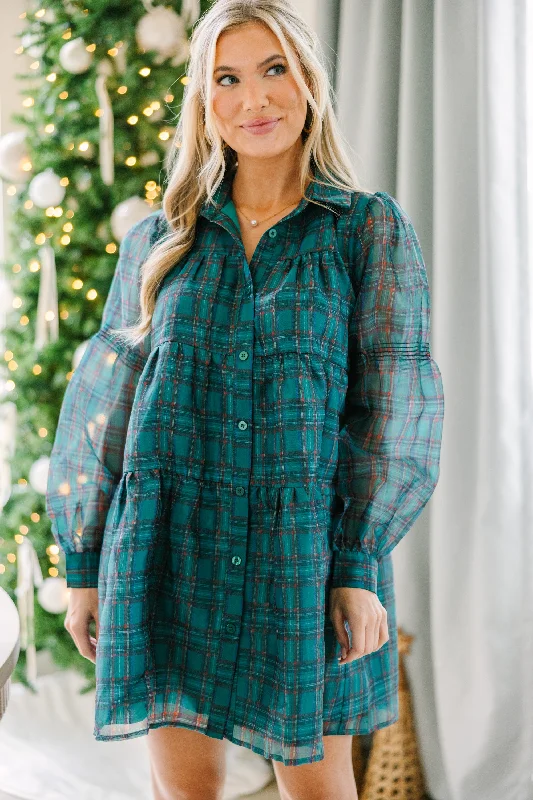 Plus Size Women Dress with a Flattering A - Line Cut for Comfort and StyleTake The Leap Emerald Green Plaid Dress