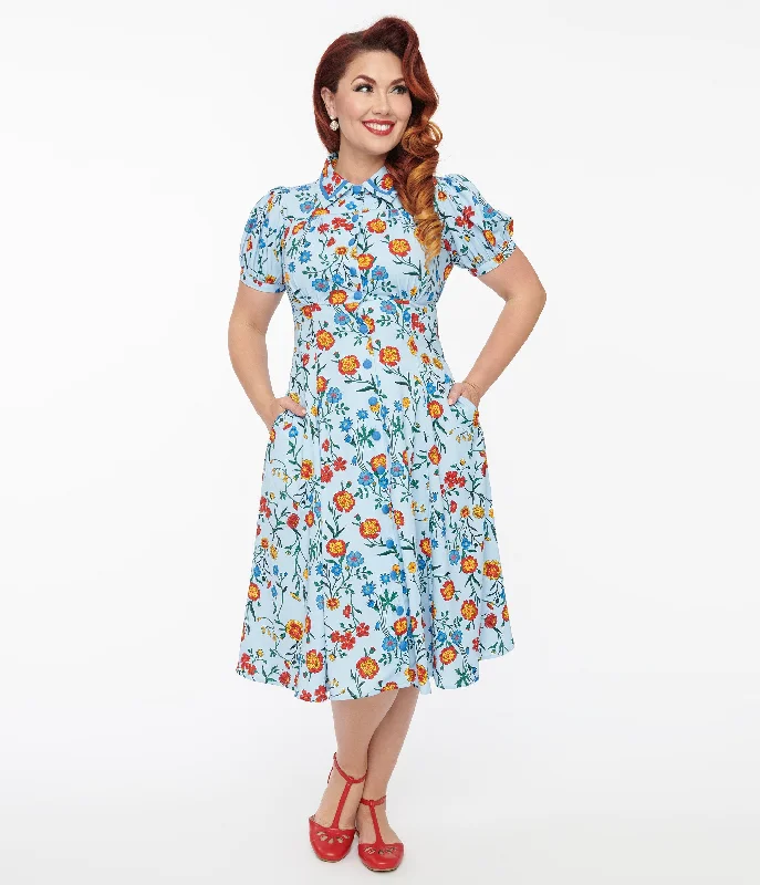 Pleated Women Dress with a Timeless and Elegant TextureUnique Vintage 1950s Blue Floral Fit & Flare Dress