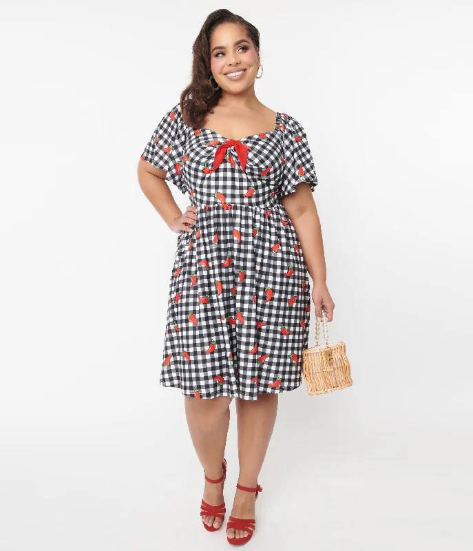 Halter Neck Women Dress to Show Off the Shoulders and NecklineUnique Vintage 1950s Curve Black & White Chili Pepper Gingham Swing Dress