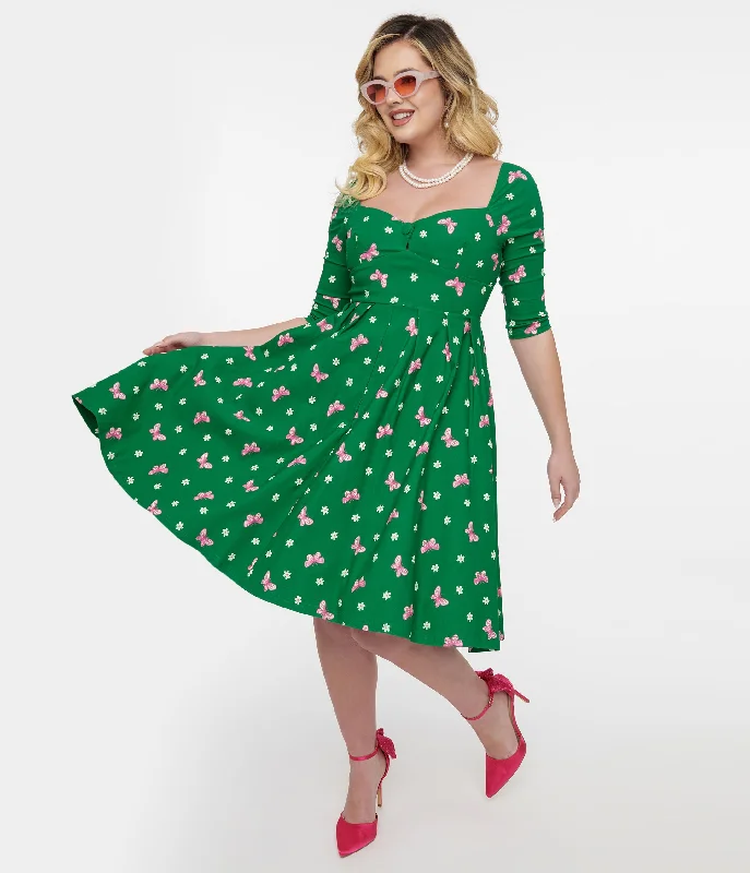 Shift Women Dress with a Simple and Classic Design for Everyday WearUnique Vintage 1950s Green & Butterfly Stamp Print Lamar Swing Dress