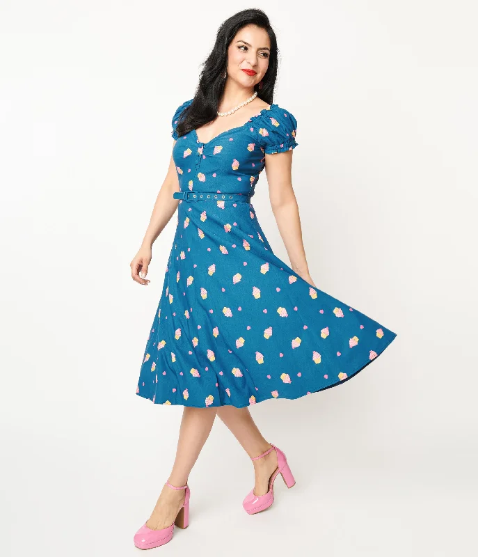 Ball Gown Women Dress with a Full Skirt for a Princess - like LookUnique Vintage 1950s Teal & Cupcake Stamp Ohara Swing Dress