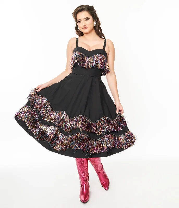 Maxi Women Dress with Floral Print for a Bohemian VibeUnique Vintage Black & Rainbow Fringe Girlie Swing Dress