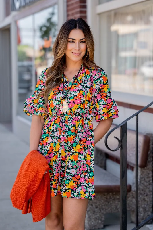 Ball Gown Women Dress with a Full Skirt for a Princess - like LookVibrant Blooms Triple Ruffle Sleeve Dress