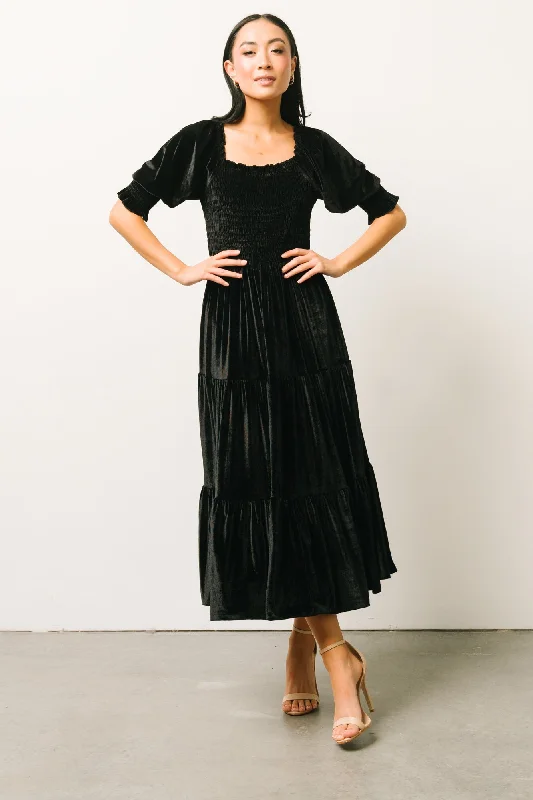 Empire Waist Women Dress to Accentuate the Bust and Conceal the WaistVivaldi Smocked Velvet Midi Dress | Black