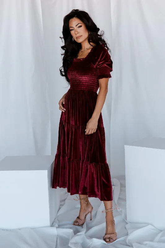 Long - Sleeve Women Dress in Velvet for a Luxurious Winter LookVivaldi Smocked Velvet Midi Dress | Marsala