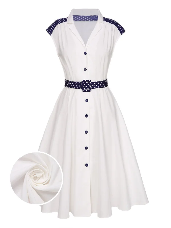 Pleated Women Dress with a Timeless and Elegant TextureWhite 1940s Lapel Polka Dots Patchwork Dress