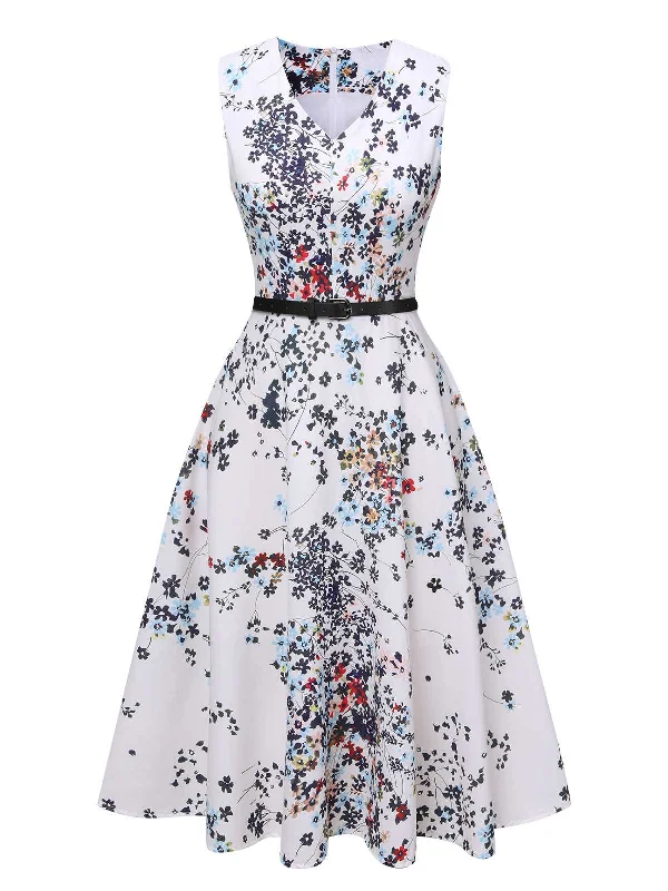 Empire Waist Women Dress to Accentuate the Bust and Conceal the WaistWhite 1940s V-Neck Floral Belted Sleeveless Dress