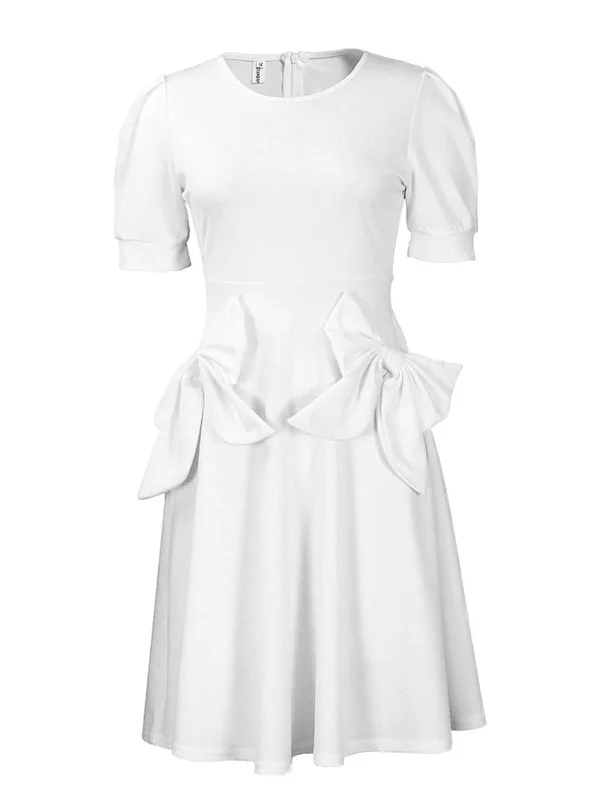 Strapless Women Dress with a Built - in Bra for Comfort and SupportWhite 1960s Solid Bow Skater Dress