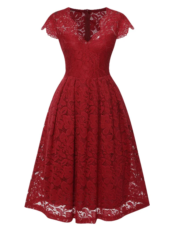 Mermaid - Style Women Dress with a Fitted Silhouette for Special OccasionsWine Red 1940s Solid Lace Cap Sleeve Dress