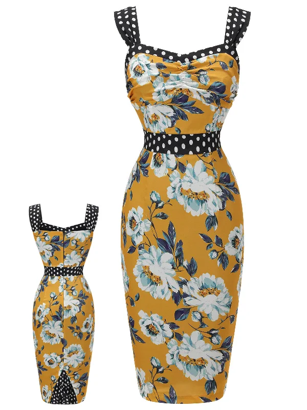 Off - the - Shoulder Women Dress for a Romantic and Feminine LookYellow 1950s Florale Dots Patchwork Pencil Dress