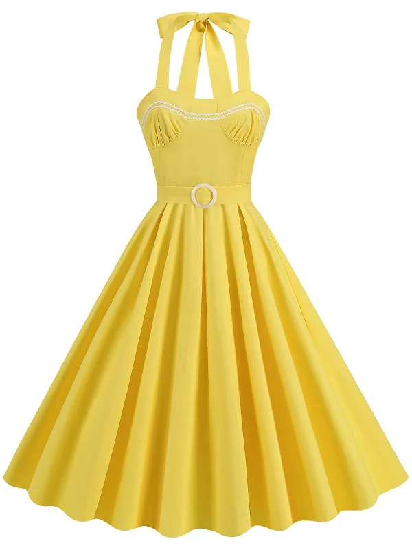 Mermaid - Style Women Dress with a Fitted Silhouette for Special OccasionsYellow 1950s Solid Halter Belted Dress